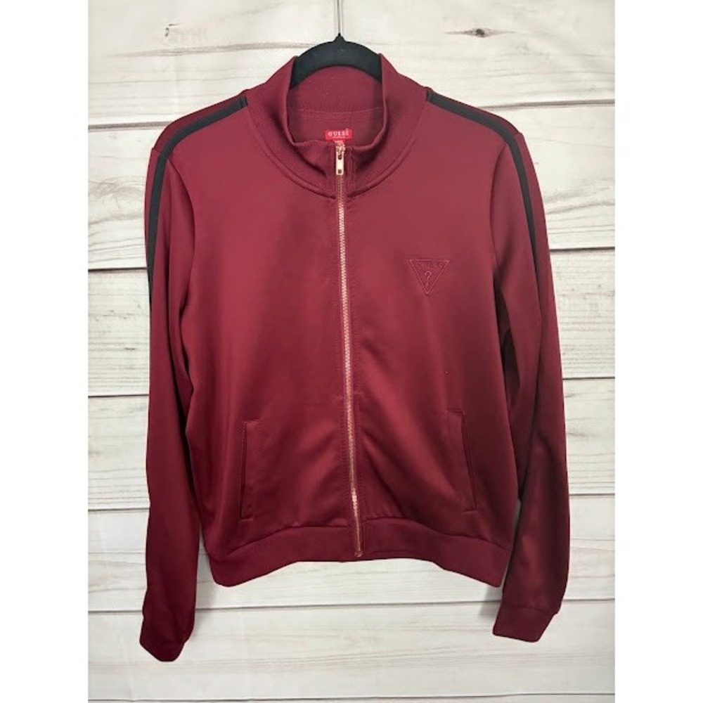 Guess Los Angeles Womens Track Jacket Burgundy Zip Up Side Stripe Logo Large